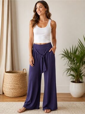 GAIAM Wide Leg Lounge Yoga Pants blue Medium Boho Tie Waist Flowy Comfy